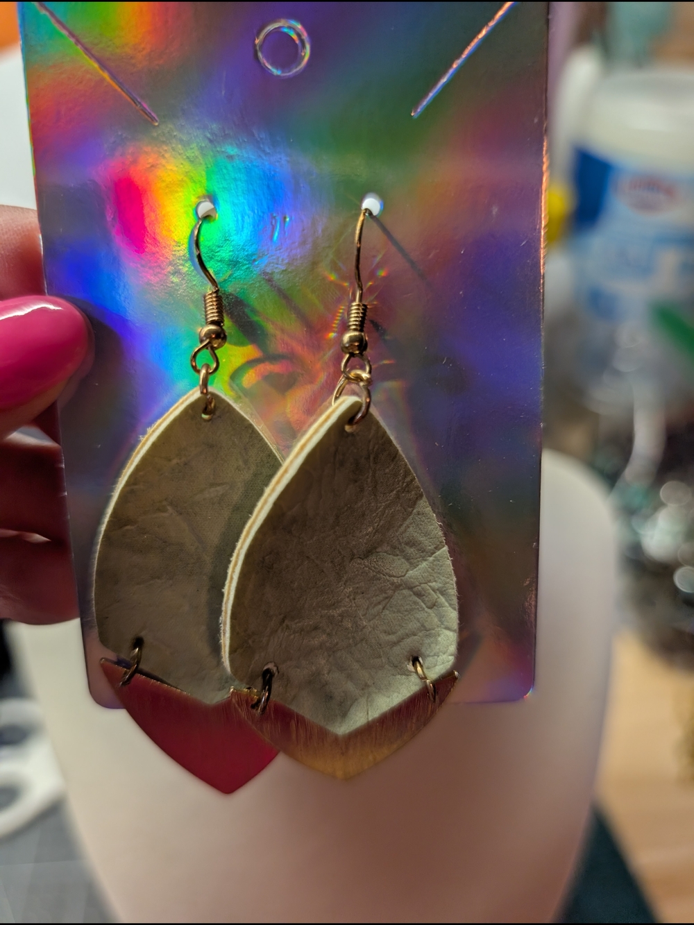 Leather Teardrop Dangle Earrings - Cream
